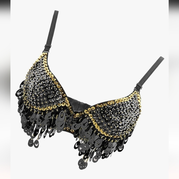 Black and Gold Sequin Belly Dancer Bra Drag Mardi Gras Halloween Costume - Picture 2 of 5